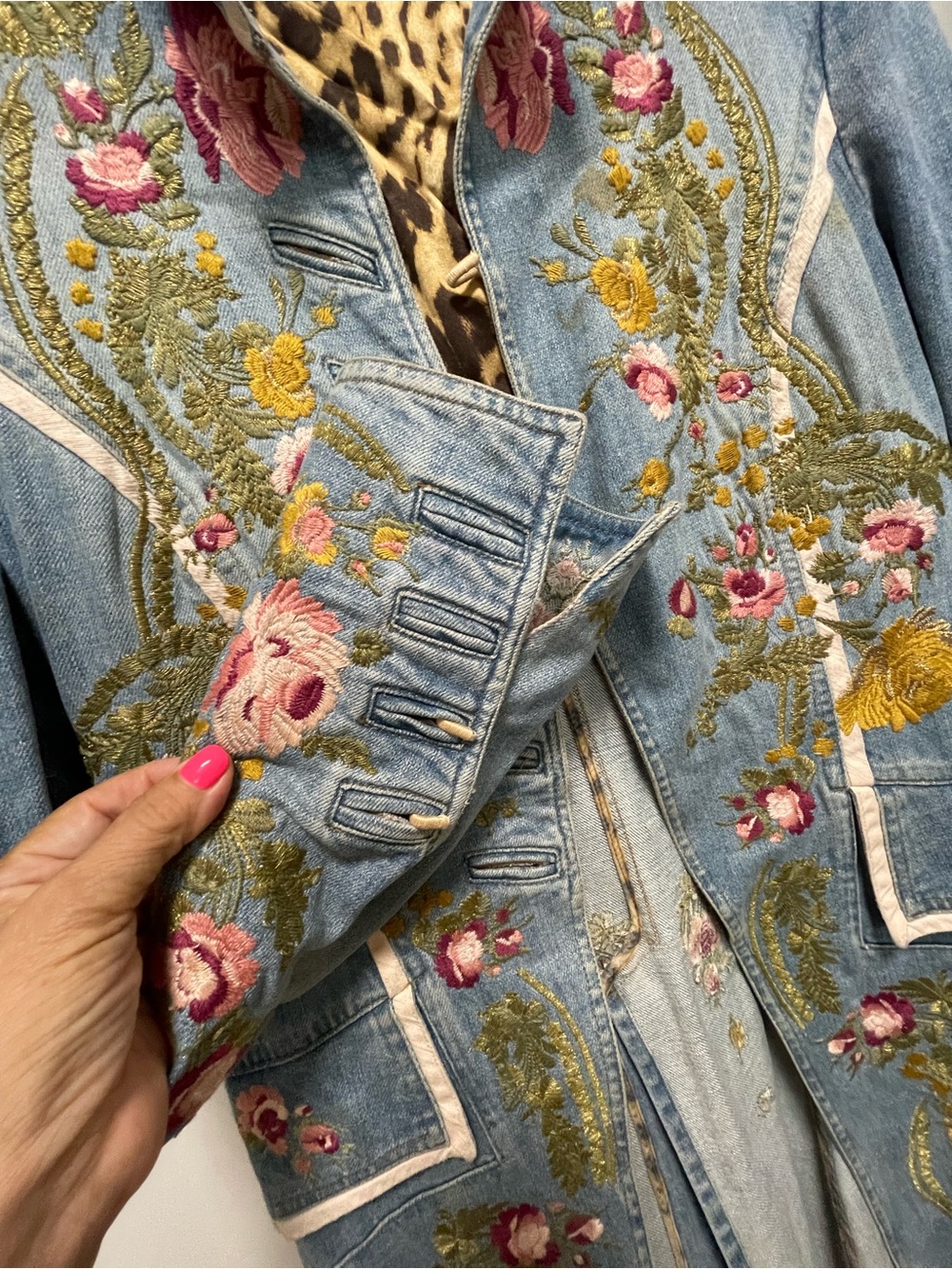 Roberto Cavalli Embroidered Blue Denim Coat with Leopard Lining vintage - Picture 8 of 11